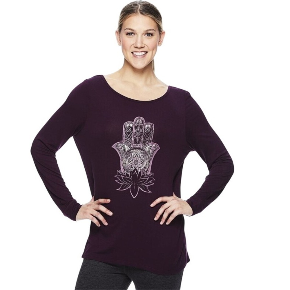 Hamsa‎ Hand Lotus Graphic Long Sleeve Top Casual Yoga Everyday XS NWOT